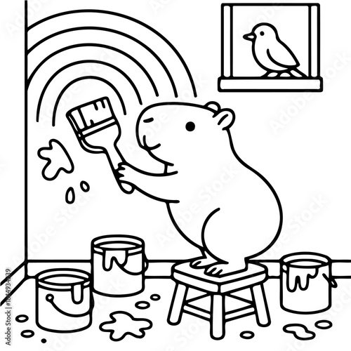 Capybara's Colorful Creation: A charming capybara, brimming with creativity, meticulously paints a vibrant rainbow on a wall, showcasing artistry and joy.