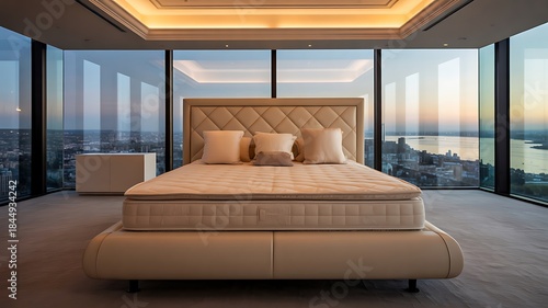 Modern luxury bedroom interior with king size bed and panoramic city view
