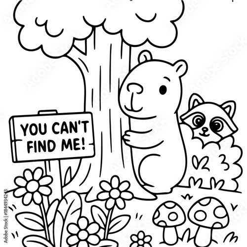 Cute Cartoon Animal's Hide and Seek Game : A heartwarming scene of cartoon animals playing hide and seek in a playful outdoor setting, inviting smiles and imagination. 