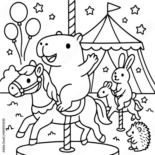 Whimsical Carousel of Joy: A charming illustration depicts a delightful carousel scene, featuring a friendly capybara and adorable rabbit enjoying a magical ride, a whimsical circus tent.