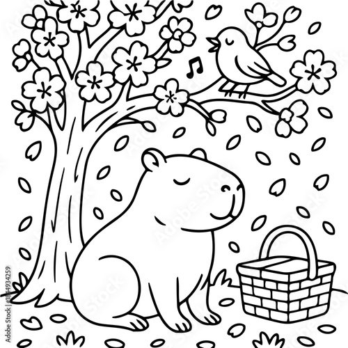 Whimsical Capybara Under Cherry Blossoms: A cute capybara sits peacefully beneath a blossoming cherry tree, a chirping bird serenades nearby, and a picnic basket adds a touch of charm.