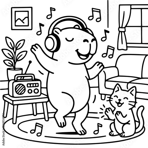Dancing Capybara Cartoon: A joyful capybara revels in music, moving energetically to the rhythm while wearing headphones. A cute cat claps along and musical notes fill the air.