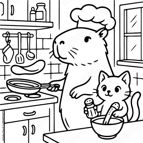 Kitchen Culinary Capers: In a cozy kitchen setting, a delightful duo, a capybara chef and a feline sous-chef, collaborate in culinary artistry, the chef flips a pancake skillfully.