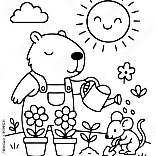 Gardening Delight: A cute bear tends to flowers with a watering can, a happy sun watches on as a little mouse helps in the garden