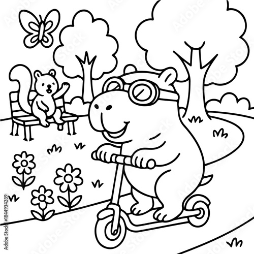 Adventure in the Park: A cheerful hippo zips along on a scooter, while a friendly squirrel waves from a park bench, and a butterfly flutters nearby, capturing a scene of carefree fun.