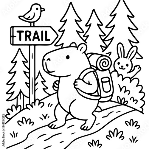 Adventure Begins: A delightful illustration showcases a charming Capybara embarking on a hiking trail, trailed by a joyful bunny, with a bird perched above. This scene captures the joy of exploration