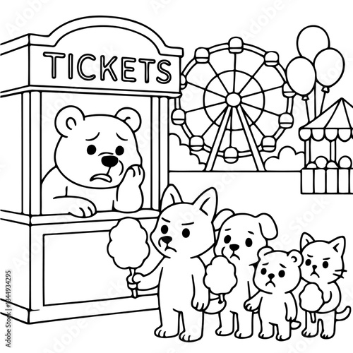 Fairground Disappointment: A whimsical illustration depicts a dejected line of adorable cartoon animals awaiting tickets at a fairground.