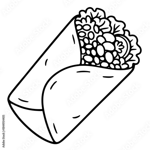 Burrito Delight: An appetizing black and white illustration of a classic burrito, wrapped and overflowing with delectable ingredients, promising a burst of flavors.
