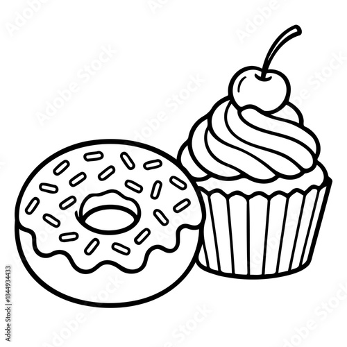 Sweet Treats Silhouette: A tempting dessert duo – a frosted donut adorned with sprinkles and a cupcake topped with a plump cherry – create a delightful visual treat for anyone.