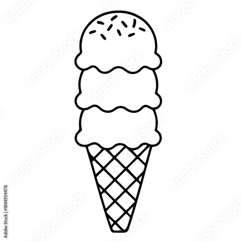 Triple Scoop Delight: An outline drawing of a towering ice cream cone, piled high with three generous scoops of creamy sweetness, sprinkled with tiny delights and nestled in a crisp, waffle cone.