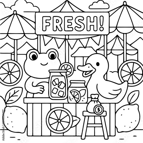 Lemonade Stand's Sweet Day: A delightful scene unfolds at a charming lemonade stand. A friendly frog and duck are hard at work, presenting delicious refreshing lemon drinks for customers.