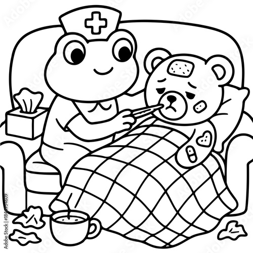 Caring Nurse and Teddy Bear's Illness: A comforting scene of a frog nurse tending to a sick teddy bear, illustrating care and compassion.