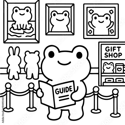 Frog's Guide to Art Gallery: A charming frog, brimming with curiosity, immerses itself in the world of art within a gallery, a guide in hand and surrounded by artwork.