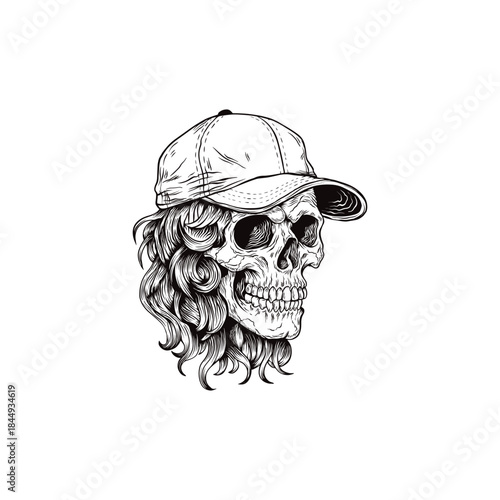 Vector illustration of a rocker style skull with baseball cap and hair on one side hand drawn.