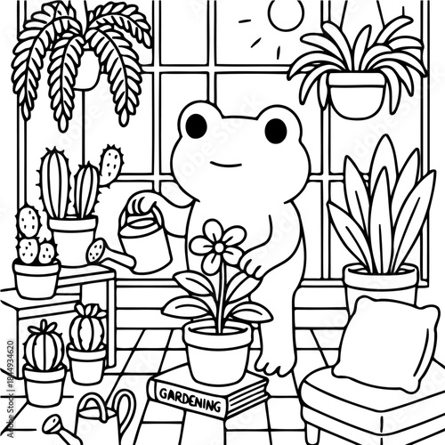 Frog Watering Flower in Greenhouse: An adorable frog tends to a blossoming flower, amidst a flourishing array of potted plants in a cozy greenhouse.