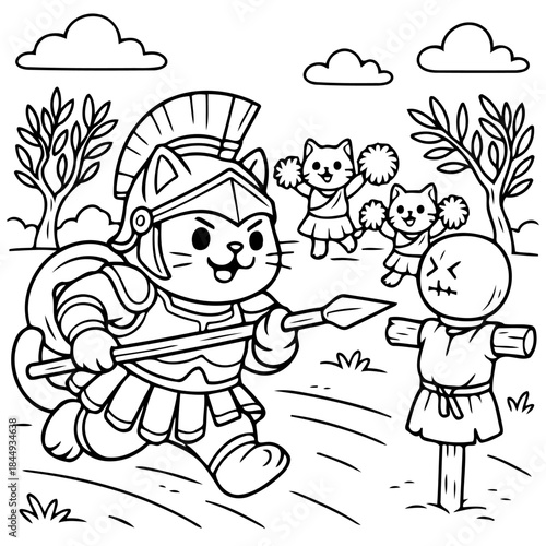 Cat Warrior's Conquest: A heroic feline warrior, clad in armor, charges forward with a spear, trailed by cheering companions and facing a scarecrow.