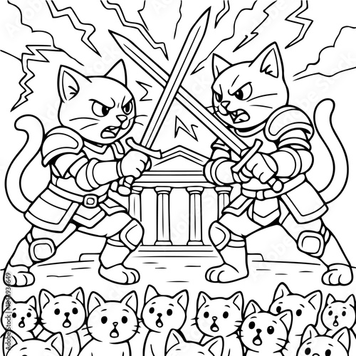 Feline Duel: Depicting a fierce clash between two armored cats brandishing swords, under the dramatic backdrop of lightning and watchful audience