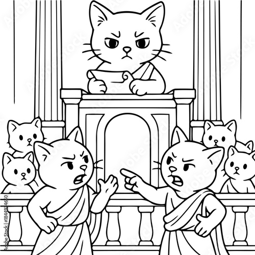 Cat Courtroom Drama: A humorous illustration captures a courtroom scene populated entirely by cats, with a stern feline judge presiding over a case, and other cats as witnesses.