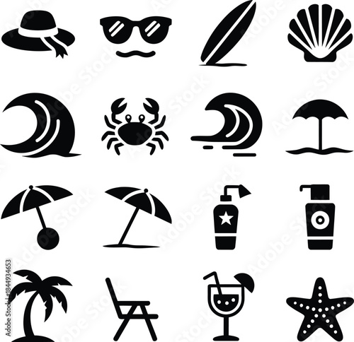 Summer Beach Vacation Icons Set Keywords: summer, beach, vacation, icons, set, sun hat, sunglasses, surfboard, seashell, wave, crab, beach