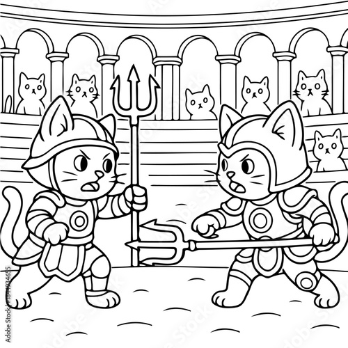 Gladiator Cats Clash in the Arena: Two valiant feline gladiators face off, clad in armor and armed, inside an ancient arena. Cat spectators watch.