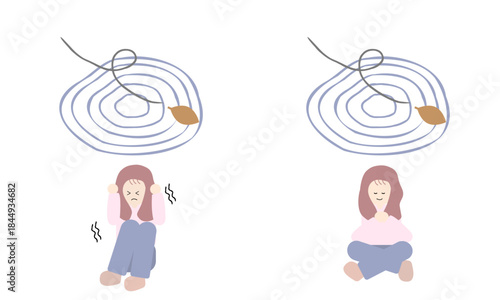 静寂を恐れる女性と静寂の中で心が落ち着く女性のイラスト