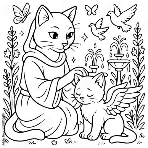 Serene Feline Blessing: An artistic portrayal of a cat in a monk's habit lovingly attending to a kitten, conveying tranquility and spiritual connection. 