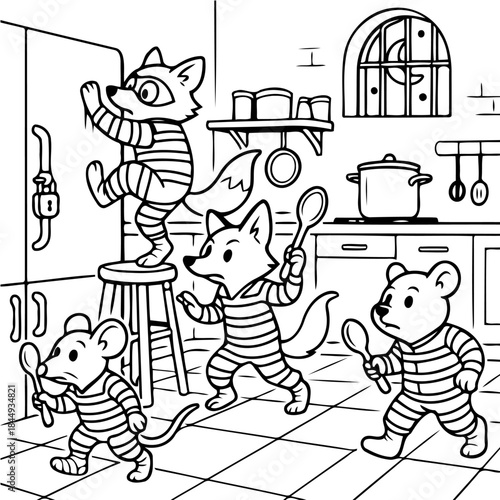 Kitchen Chaos: Cartoon Animals Plot Culinary Adventure: A whimsical scene unfolds as anthropomorphic animal figures in striped attire strategize and maneuver around a kitchen, some armed with spoons.