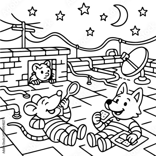 Rooftop Cartoon Feast: Two cartoon animals enjoy a nighttime snack together on a rooftop under a starry sky. This black and white cartoon exudes playfulness.