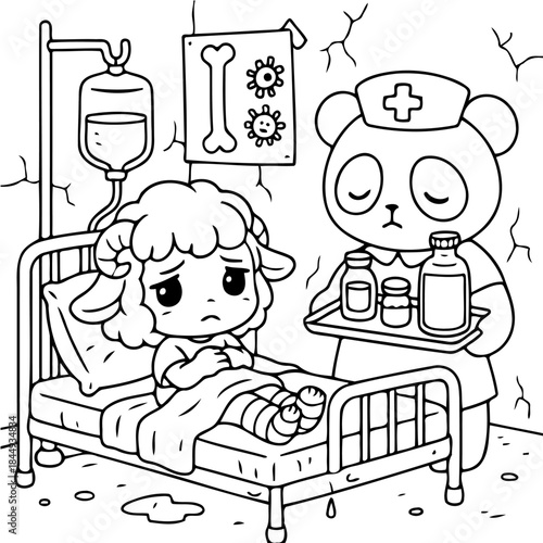 Caring Panda Nurse in the Hospital: a cute panda nurse tends to a sheep patient with care and empathy in the hospital, providing medical assistance and comfort.