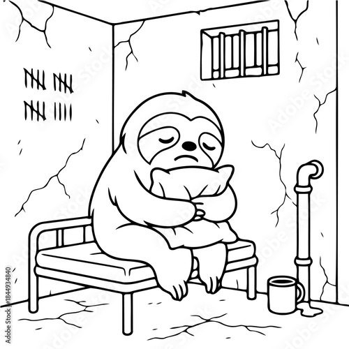 Sloth in a Cell: A dejected sloth sits on a narrow prison bed, clutching a pillow in a stark cell with cracked walls and a barred window, symbolizing feelings of isolation and captivity.