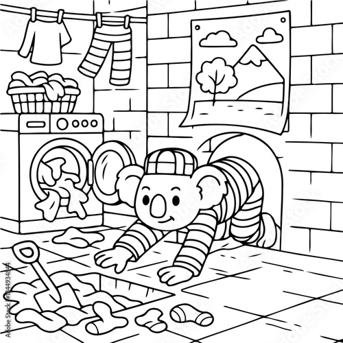 Koala in Laundry Adventure: A playful koala, adorned in striped clothing and a cap, joyfully emerges from a small tunnel, creating a unique laundry scene.
