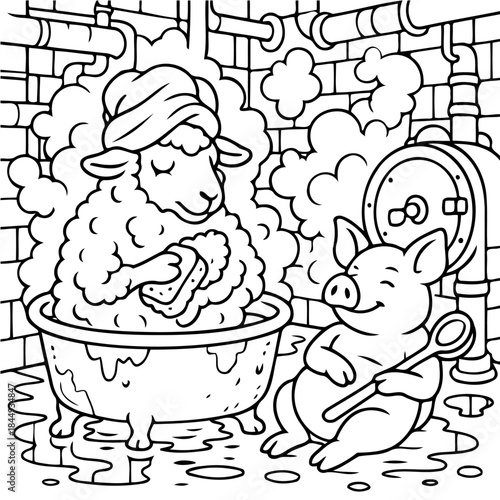 Bath Time Bliss: A whimsical illustration of a sheep luxuriating in a bath while a cheerful pig supervises, enveloped in bubbles and steam, evoking a sense of calm and gentle humor.