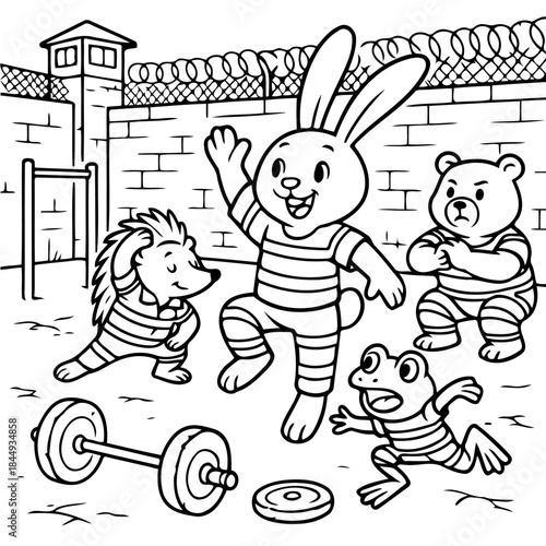 Jailhouse Workout: A spirited group of anthropomorphic animals are shown in playful exercises in a stylized black and white illustration.