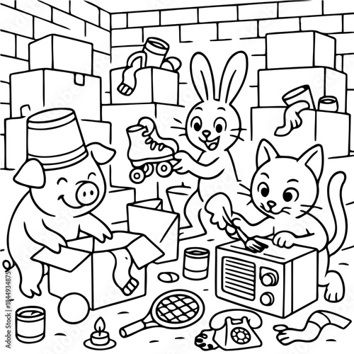 Playful Pals in the Storeroom: A trio of cheerful animal friends gather in a cluttered storeroom, engaging in delightful activities and spreading a sense of lighthearted fun.