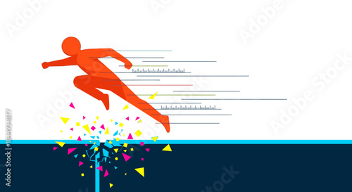 A dynamic orange stick figure runner accelerates rapidly, shattering a colorful barrier on a dark surface, symbolizing breakthrough, progress, and speed.