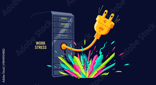 A bold illustration shows a power plug pulled from a server, representing the vital need to disconnect from overwhelming work stress and digital burnout.