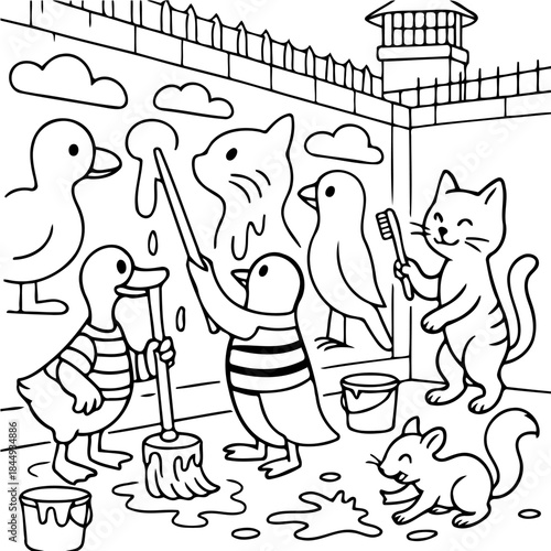 Creative Mural: Playful animals collaborate on a vibrant mural, transforming a prison wall into a colorful canvas, symbolizing imagination, freedom, and artistic expression.