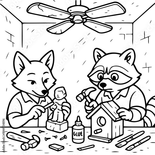 Creative Crafts: A clever raccoon and fox duo craft a miniature house and sculpture, showcasing skill and teamwork.