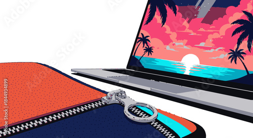 A sleek laptop with a vibrant tropical sunset wallpaper on its screen sits beside a colorful zippered protective sleeve, symbolizing digital nomadism and leisure.