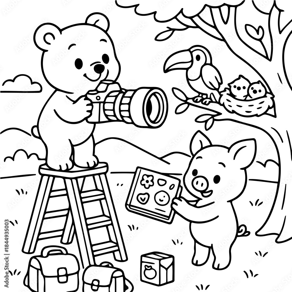 Fototapeta premium Picture Perfect Pals: Adorable bear photographer and pig with a book of illustrations in a delightful outdoor scene, filled with cute details. 