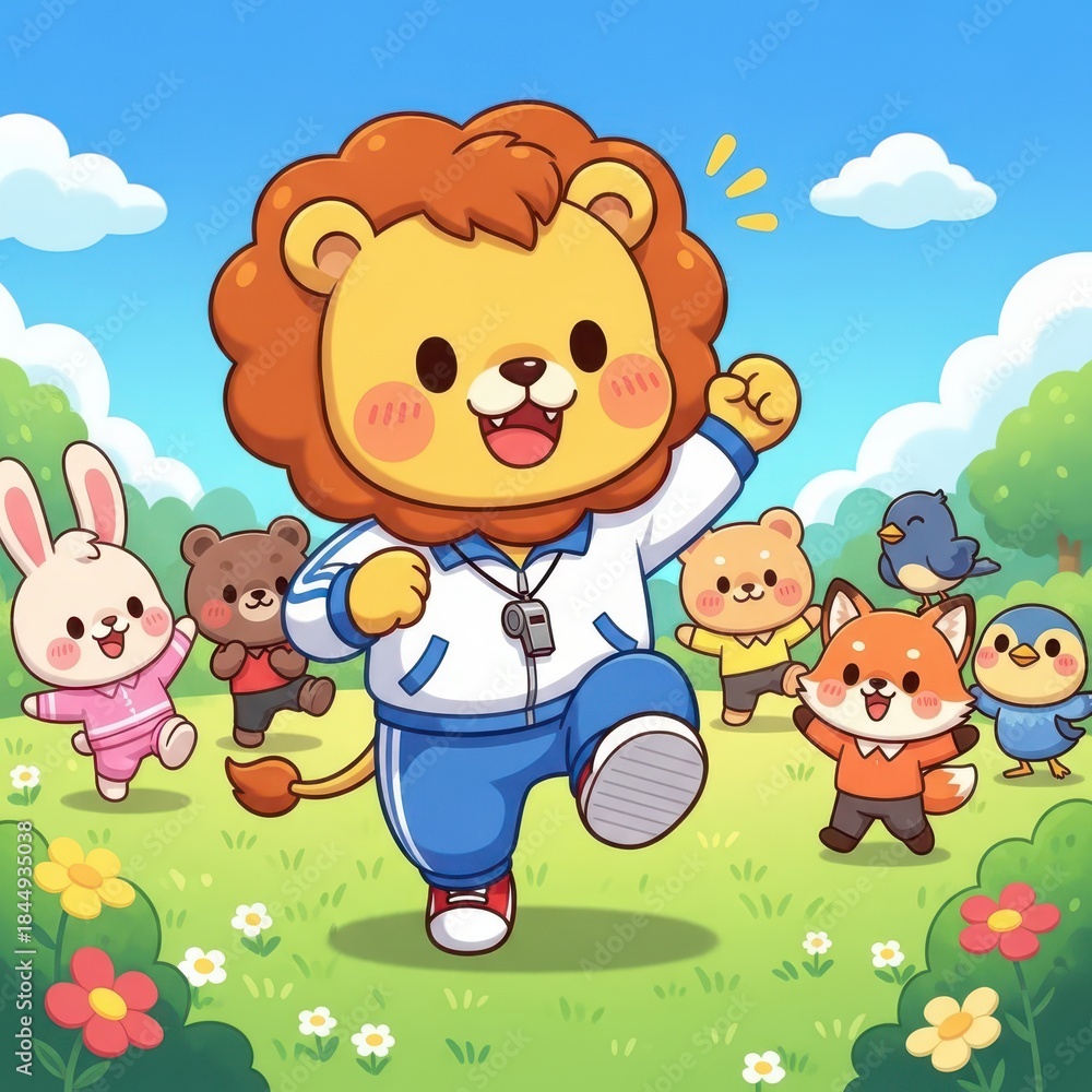 Obraz premium Joyful cartoon animals participate in outdoor exercise led by a lion instructor on a sunny day