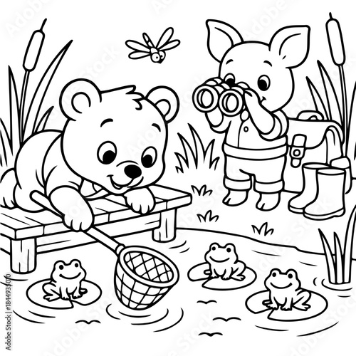 Cute Friends on Adventure: A delightful scene unfolds as an animated bear cub and a piglet engage in a fun outdoor adventure near a pond, complete with friendly frogs and a curious dragonfly.