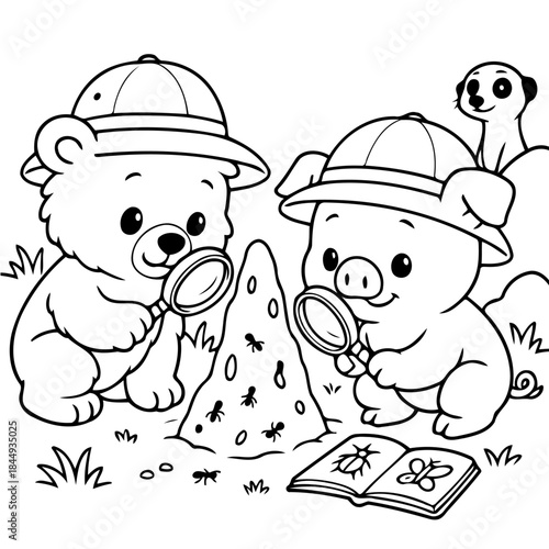 Wildlife Exploration: An endearing illustration captures a bear and a pig engrossed in wildlife discovery. They wear hats, magnifying glasses, and investigate an ant hill with a book.