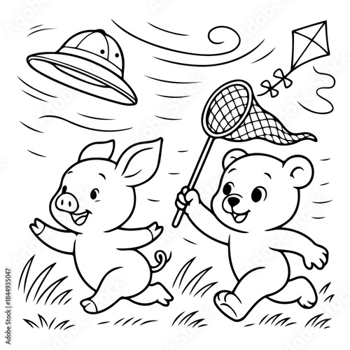 Joyful Friends' Playtime: An endearing image of a bear and pig enjoying playful moments together. The pig is joyfully running. The bear is playfully chasing with net and a kite in the air.