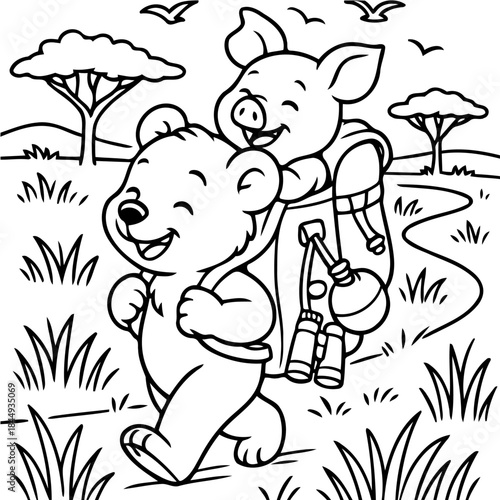 Adventure Buddies: A heartwarming illustration of a bear and a piglet embarking on an adventure, exploring the wilderness together.