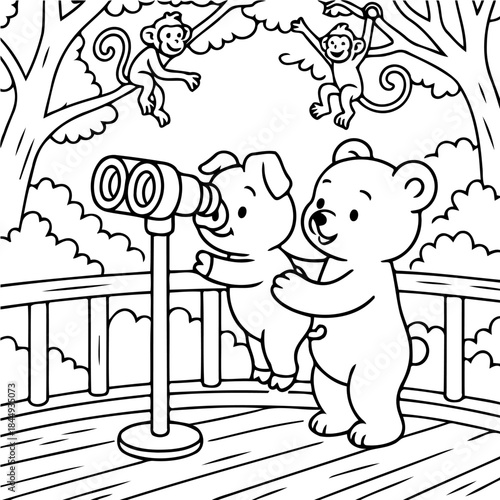 Discovery Adventure in the Jungle: A curious pig and bear embark on a jungle expedition, observing playful monkeys through a towering telescope. Illustrating an innocent exploration and learning.