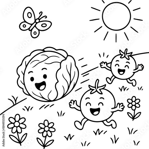Playful Garden Friends: A whimsical illustration of a friendly cabbage and cheerful tomatoes joyfully interacting under the warm embrace of the sun.