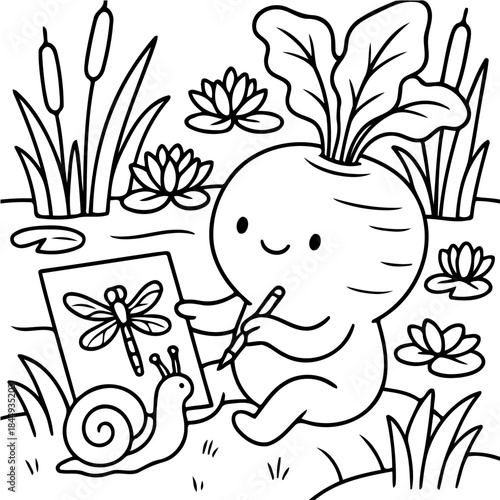 Whimsical Artist: An adorable, cartoon-style root vegetable artistically sketches a dragonfly in a tranquil pond setting, complete with lily pads and a curious snail.