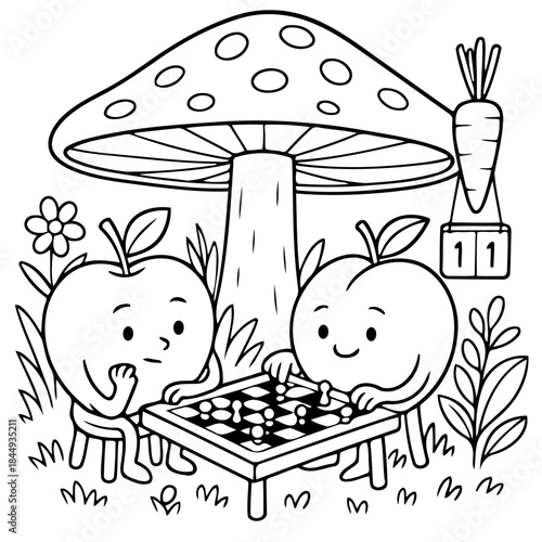 Whimsical Apple Chess Match: Two animated apple characters are deeply engrossed in a strategic chess game under a charming mushroom cap, a delightful scene of imaginative play.