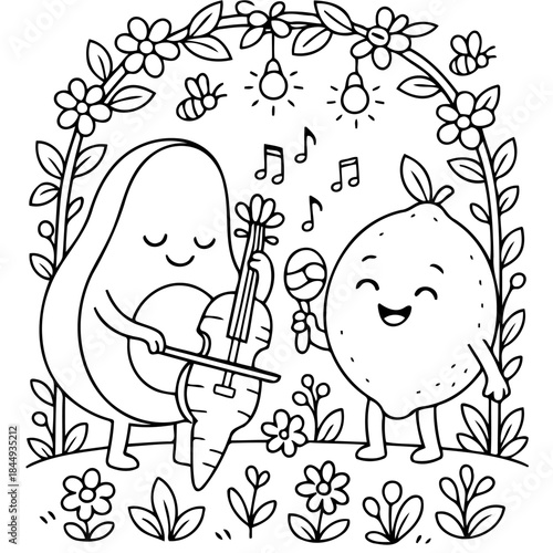 Melodious Fruits: An avocado serenades with a violin, while a citrus fruit joyfully shakes a maraca, creating a lively musical performance within a flower-adorned arch.